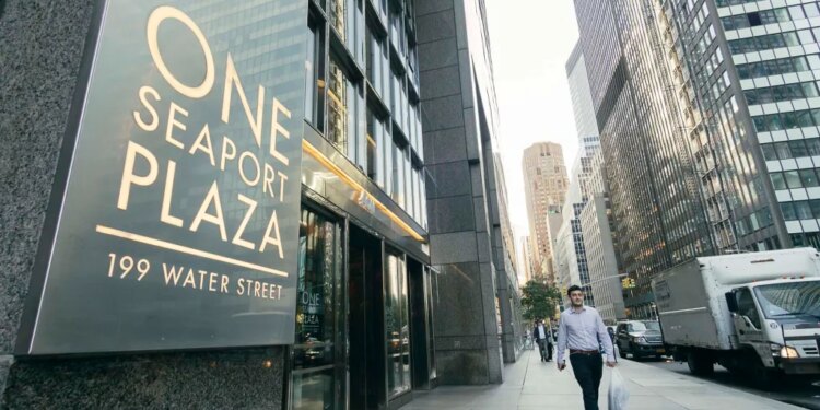 One Seaport Plaza sign and entrance on 199 Water Street, Lower Manhattan.
