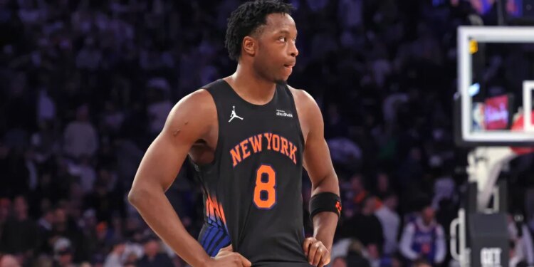 New York Knicks forward Og Anunoby #8 reacts on the court late during the fourth quarter. The New York Knicks lose to the Philadelphia 76ers.