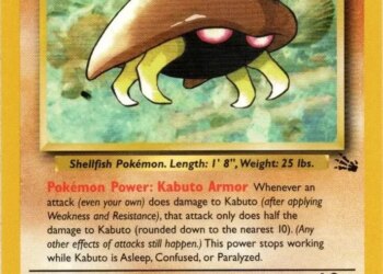 Illustration of the Pokémon Kabuto, a brown shellfish-like creature with yellow-green legs and pink eyes, against a green background, on a Pokémon trading card.