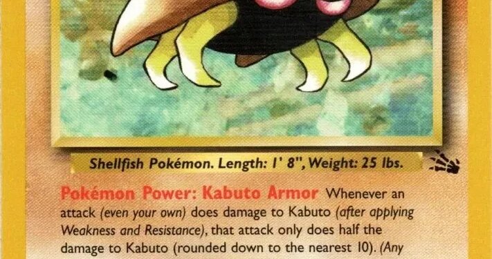 Illustration of the Pokémon Kabuto, a brown shellfish-like creature with yellow-green legs and pink eyes, against a green background, on a Pokémon trading card.