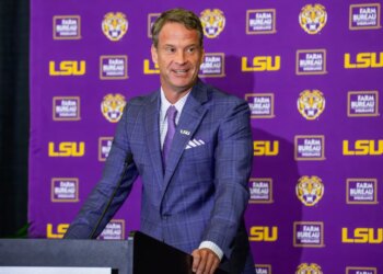 LSU's new head football coach Lane Kiffin gives an opening statement at an introductory news conference, Monday, Dec. 1, 2025, in Baton Rouge, La.