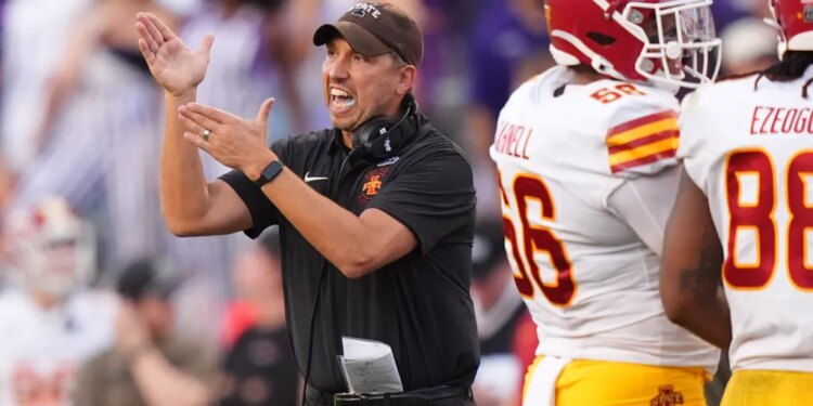 Iowa State head coach Matt Campbell yelling on the sidelines during a game.