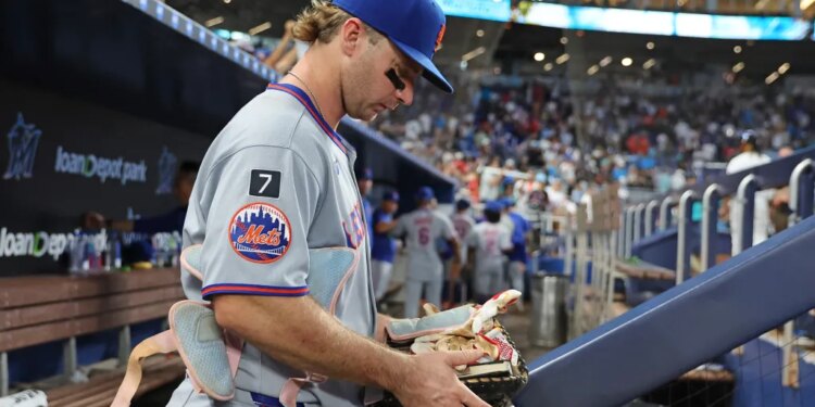Pete Alonso in the dugout after the New York Mets lost to the Miami Marlins 4-0.