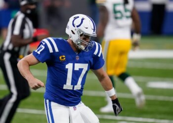Indianapolis Colts quarterback Philip Rivers (17) reacts after throwing a touchdown pass.
