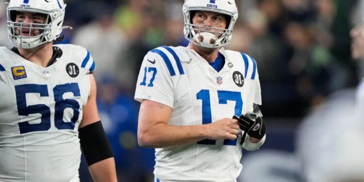 Indianapolis Colts quarterback Philip Rivers (17) reacting after throwing an interception.
