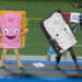 Two people in Pop-Tart mascot costumes on a platform at a football game.