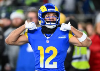Los Angeles Rams wide receiver Puka Nacua (12) warms up before the game against the Seattle Seahawks.