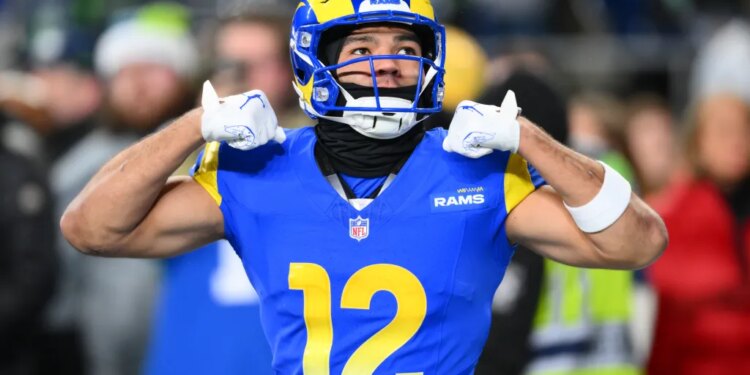 Los Angeles Rams wide receiver Puka Nacua (12) warms up before the game against the Seattle Seahawks.