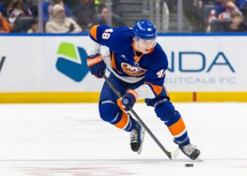 New York Islanders defenseman Matthew Schaefer (48) skates up ice during the third period against the Washington Capitals at UBS Arena, Sunday, Nov. 30, 2025, in Elmont, NY.