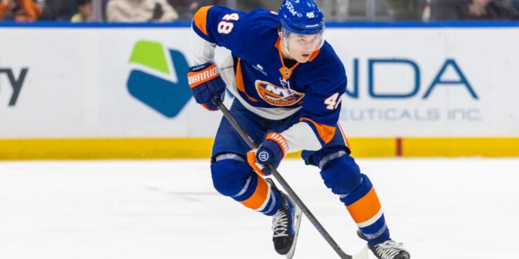 New York Islanders defenseman Matthew Schaefer (48) skates up ice during the third period against the Washington Capitals at UBS Arena, Sunday, Nov. 30, 2025, in Elmont, NY.