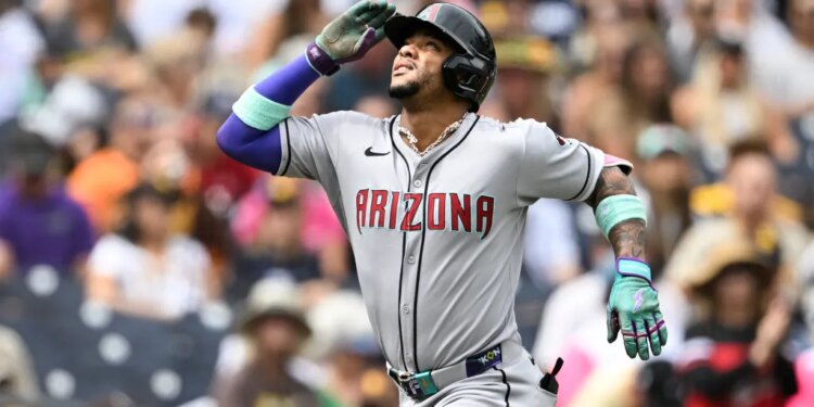 Arizona Diamondbacks second baseman Ketel Marte (4) looks skyward after hitting a solo home run during the first inning against the San Diego Padres at Petco Park. Arizona Diamondbacks second baseman Ketel Marte (4) looks skyward after hitting a solo home run during the first inning against the San Diego Padres at Petco Park.