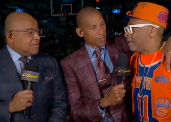 Mike Tirico, Reggie Miller and Spike Lee on the NBC broadcast on Tuesday night.