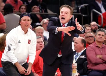 St. John's Red Storm head coach Rick Pitino reacts on the baseline during the first half when the St. John's Red Storm played the Ole Miss RebelsSaturday, December 6, 2025 at Madison Square Garden