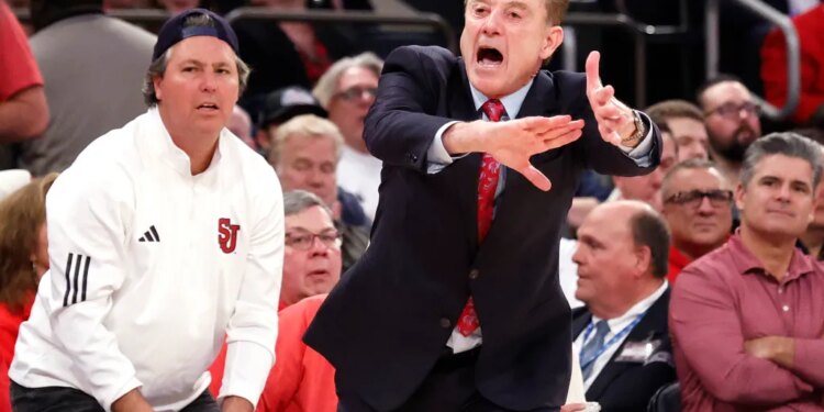 St. John's Red Storm head coach Rick Pitino reacts on the baseline during the first half when the St. John's Red Storm played the Ole Miss RebelsSaturday, December 6, 2025 at Madison Square Garden