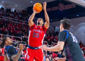 Bryce Hopkins shoots a jumper during St. John's win over  DePaul on Dec. 16, 2025 at Carnesecca Arena.