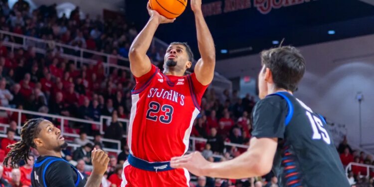 Bryce Hopkins shoots a jumper during St. John's win over  DePaul on Dec. 16, 2025 at Carnesecca Arena.