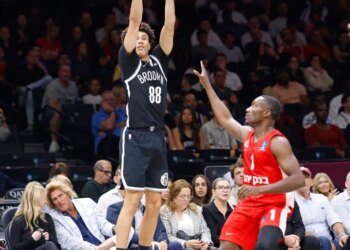 Brooklyn Nets guard Nolan Traore (88) shoots a three pointer during the first half when the Brooklyn Nets played the Hapoel Jerusalem in preseason play Saturday, October 4, 2025 at Barclays Center in Brooklyn, NY.