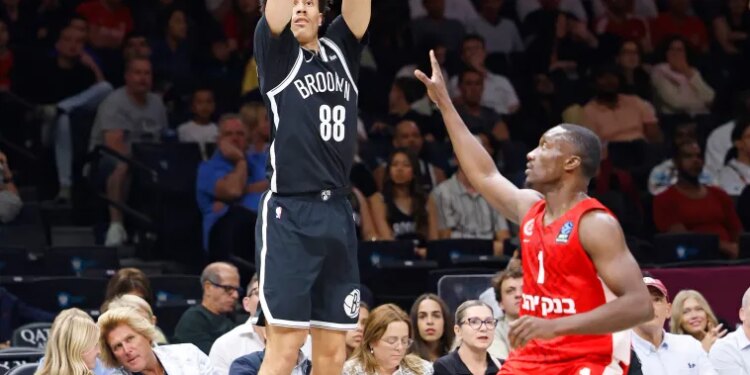 Brooklyn Nets guard Nolan Traore (88) shoots a three pointer during the first half when the Brooklyn Nets played the Hapoel Jerusalem in preseason play Saturday, October 4, 2025 at Barclays Center in Brooklyn, NY.