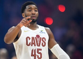 Cleveland Cavaliers guard Donovan Mitchell (45) reacts in the first quarter against the Portland Trail Blazers at Rocket Arena.