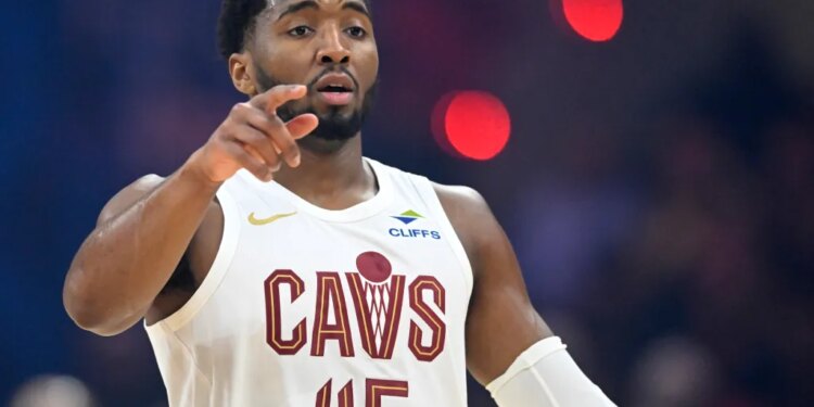 Cleveland Cavaliers guard Donovan Mitchell (45) reacts in the first quarter against the Portland Trail Blazers at Rocket Arena.