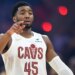 Cleveland Cavaliers guard Donovan Mitchell (45) reacts in the first quarter against the Portland Trail Blazers at Rocket Arena.