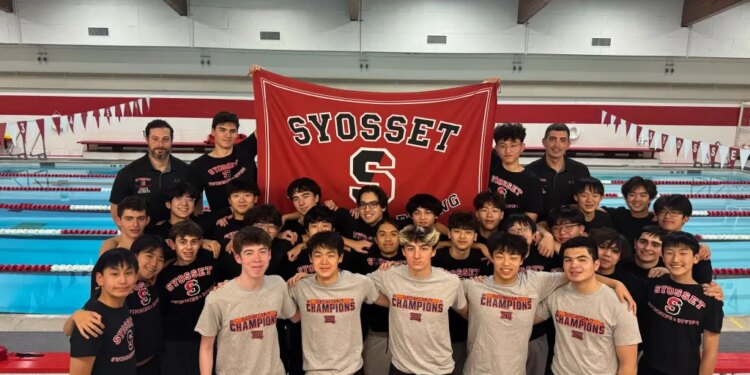 The Syosset boys swim team with their coaches and a banner for Syosset Swimming & Diving.