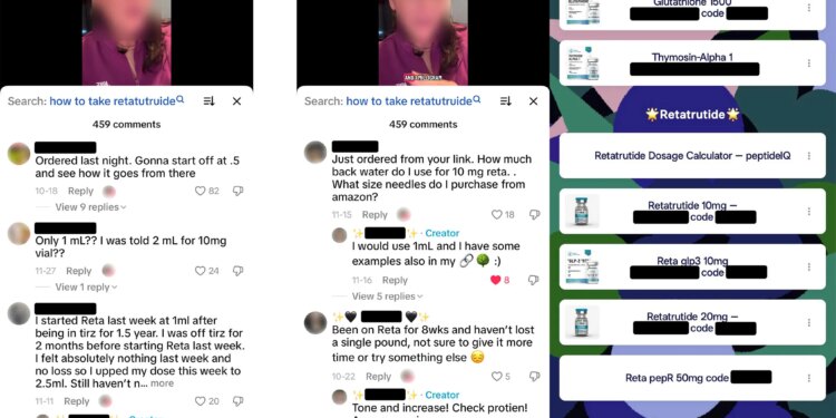 screenshots of the comments section from a GLP-1 influencer’s video asking where to get retatrutide, an experimental GLP drug and that influencer’s linktree.