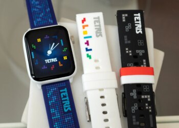 The Tetris: My Play Watch with a blue strap next to white and black strap options.
