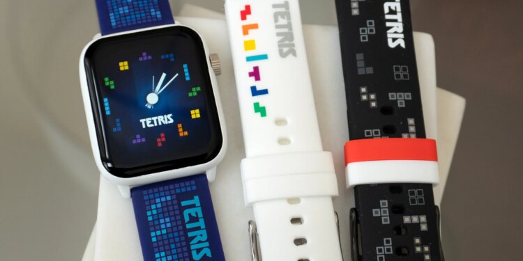 The Tetris: My Play Watch with a blue strap next to white and black strap options.