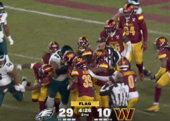 A brawl between Philadelphia Eagles and Washington Commanders players.