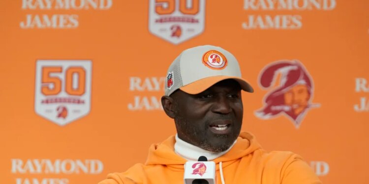 Tampa Bay Buccaneers head coach Todd Bowles speaks after an NFL football game against the Atlanta Falcons, Thursday, Dec. 11, 2025, in Tampa, Fla.