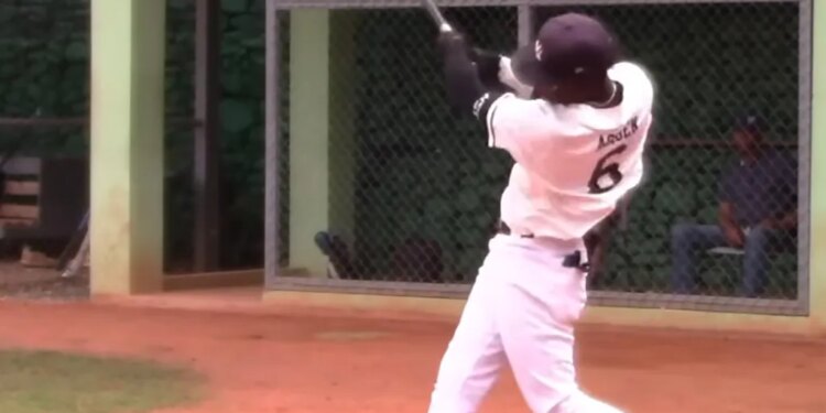 Baseball player Wandy Asigen hitting a baseball.