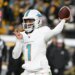 Miami Dolphins quarterback Tua Tagovailoa (1) throws in the third quarter against the Pittsburgh Steelers at Acrisure Stadium.
