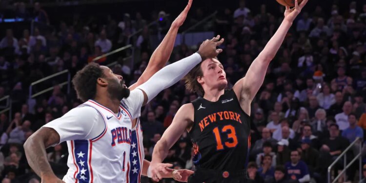 Tyler Kolek goes up for layup during the Knicks' loss the 76ers on Dec. 19 2025. He scored just two points in the defeat.