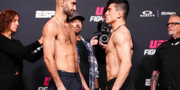 Giga Chikadze and Kevin Vallejos face off at the UFC Fight Night weigh-in.