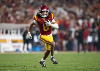 Southern California wide receiver Makai Lemon runs with the ball during the first half of an NCAA college football game against UCLA, Saturday, Nov. 29, 2025, in Los Angeles.
