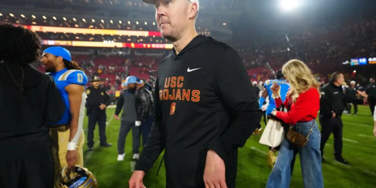 Southern California Trojans head coach Lincoln Riley reacting after the game.