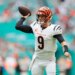 Cincinnati Bengals quarterback Joe Burrow (9) looks to make a pass during the third quarter against the Cincinnati Bengals at Hard Rock Stadium.