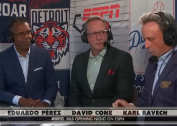 MLB Opening Night on ESPN with announcers Eduardo Pérez, David Cone, and Karl Ravech.