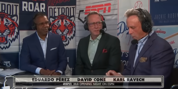 MLB Opening Night on ESPN with announcers Eduardo Pérez, David Cone, and Karl Ravech.