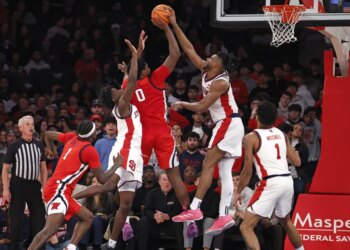 Zuby Ejiofor rejects Malik Dia's shot for one of his eight blocks during St. John's 63-58 win over Ole Miss on Dec. 6, 2025 at the Garden.