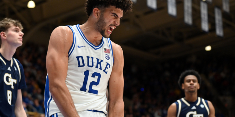Duke Blue Devils forward Cameron Boozer (12) reacts after scoring.