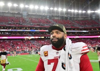 San Francisco 49ers tackle Trent Williams (71) looks on after the game against the Arizona Cardinals.
