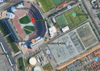 Google Maps satellite view of Levi's Stadium, an electrical substation, and surrounding areas.