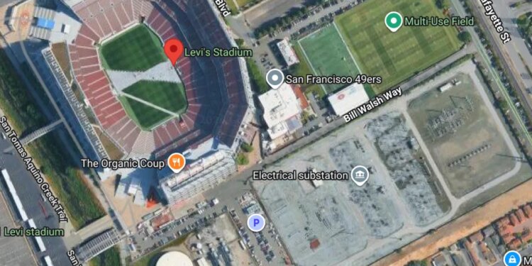 Google Maps satellite view of Levi's Stadium, an electrical substation, and surrounding areas.