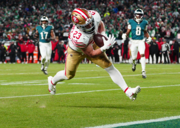 San Francisco 49ers running back Christian McCaffrey scoring a touchdown against the Philadelphia Eagles.