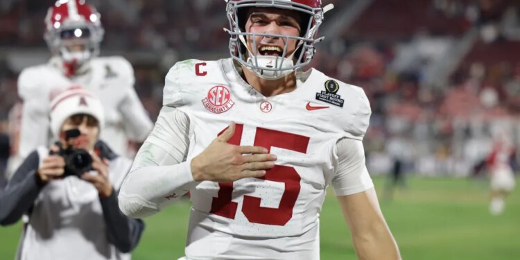 Alabama quarterback Ty Simpson (15) celebrates winning after the first round of an NCAA College Football Playoff against Oklahoma, Friday, Dec. 19, 2025, in Norman, Okla.