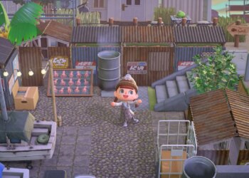 An Animal Crossing player character posing in a fishing area on an island. It’s decorated to look old, dirty, and rusty, with lots of custom designs and a large amount of furniture items to complete the look.