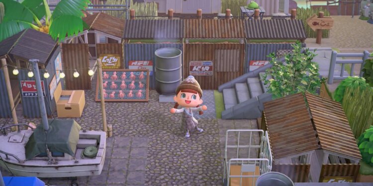An Animal Crossing player character posing in a fishing area on an island. It’s decorated to look old, dirty, and rusty, with lots of custom designs and a large amount of furniture items to complete the look.