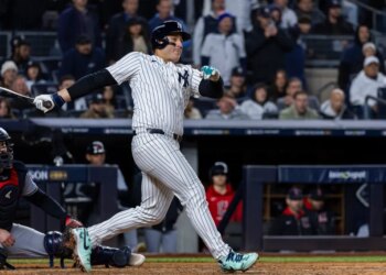 New York Yankeesâ Anthony Rizzo (48) hits an RBI double scoring  Anthony Volpe (11) in the sixth inning of game two of the ALCS against the Cleveland Guardians at Yankee Stadium, Tuesday, Oct. 15, 2024, in Bronx, NY. (Corey Sipkin for the NY POST Photo/Corey Sipkin)
New York Yankees vs. Cleveland Guardians, ALCS